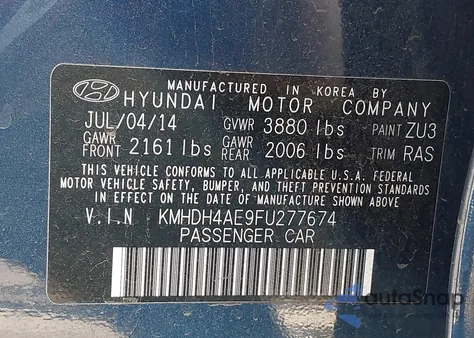 2015 Hyundai Elantra Se из США, поврежденный, VIN KMHDH4AE9FU277674